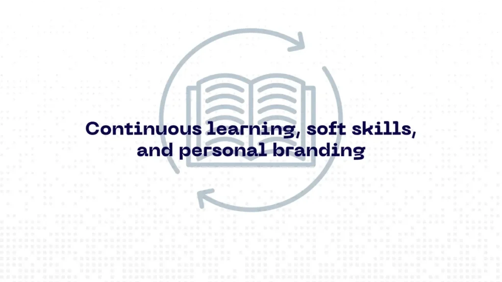Graphic of an open book surrounded by a circular arrow, symbolizing continuous learning. White, dotted grid pattern on background. Overlaid text: Continuous learning, soft skills, and personal branding.