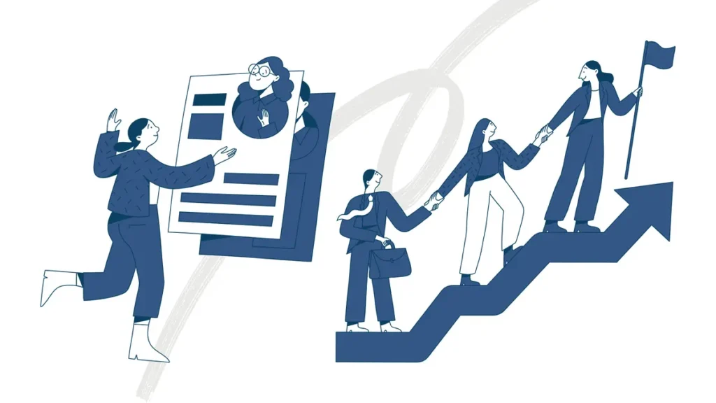 people climbing stairs to reach a computer in an illustration