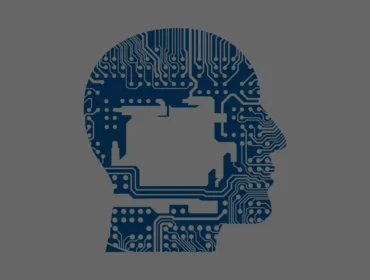 Silhouette of a human head, filled with a blue circuit board pattern, symbolizing technology, software development, on a solid gray background.