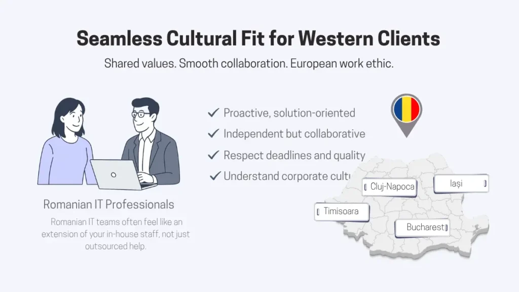 IT outsourcing to Romania as a cultural fit for Western clients. A checklist highlights traits like being proactive, deadline-oriented, and understanding corporate culture. A map of Romania shows key cities (Cluj-Napoca, Iași, Timișoara, Bucharest) with a Romanian flag pin.