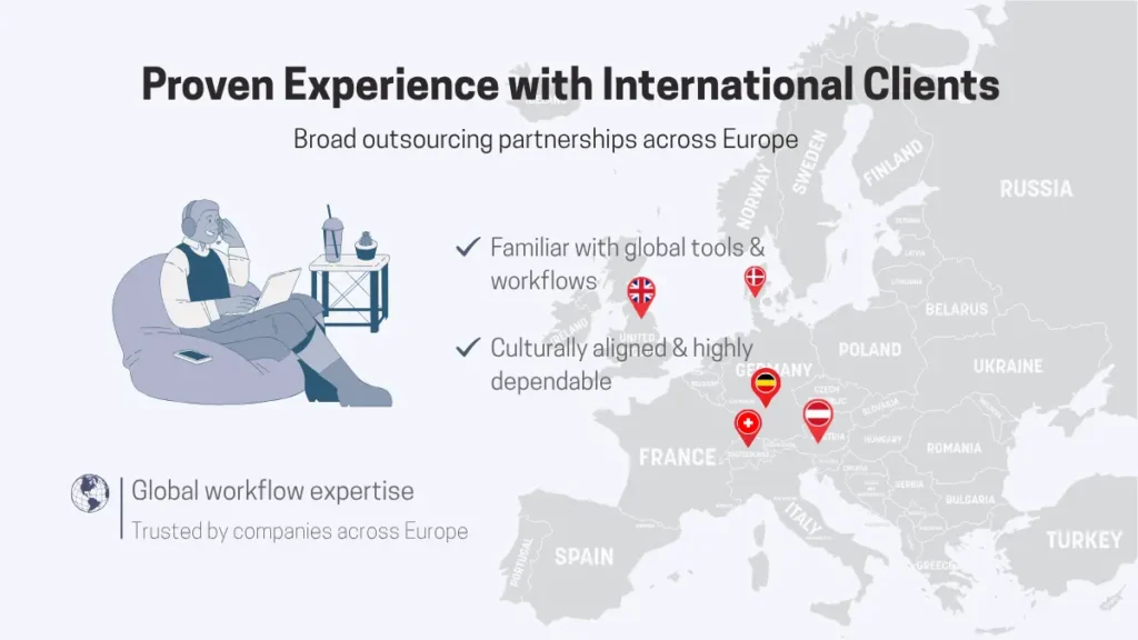 IT outsourcing to Romania - Romania's outsourcing partnerships across Europe. A map shows Romania connected to client countries like Germany, Switzerland, Denmark, and the UK, marked with national flags. Checkmarks highlight familiarity with global tools and dependable partnerships.