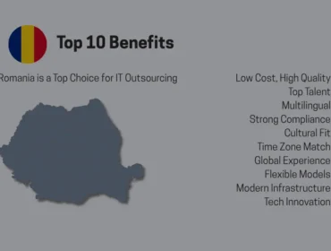 A simple infographic showing a map of Romania and a bulleted list of 10 benefits of outsourcing IT to Romania. The benefits include low cost, top talent, multilingualism, compliance, cultural fit, time zone match, global experience, flexible models, modern infrastructure, and innovation. A Romanian flag icon reinforces the national context.