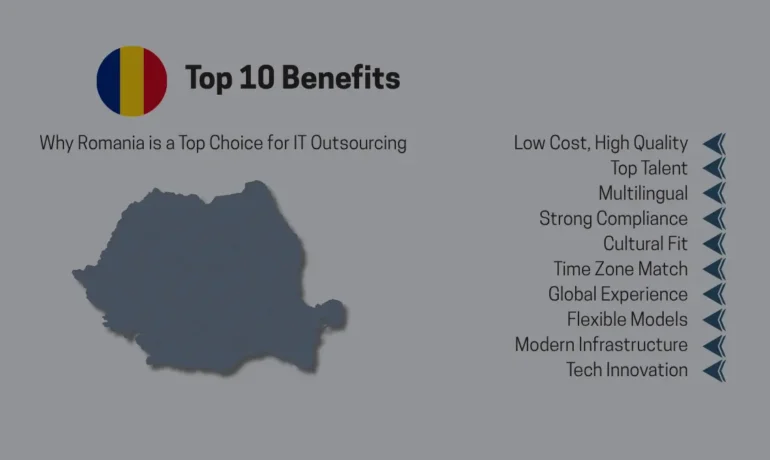 A simple infographic showing a map of Romania and a bulleted list of 10 benefits of outsourcing IT to Romania. The benefits include low cost, top talent, multilingualism, compliance, cultural fit, time zone match, global experience, flexible models, modern infrastructure, and innovation. A Romanian flag icon reinforces the national context.