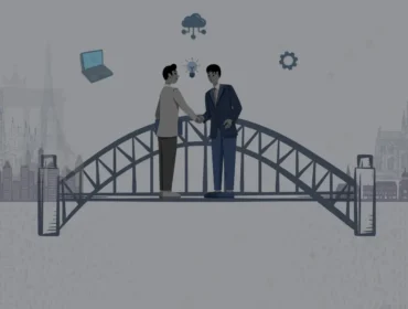 Two businesspeople shaking hands on a bridge connecting European cities. Icons of technology, such as cloud, gears, a laptop, and a lightbulb, float above, symbolizing collaboration.