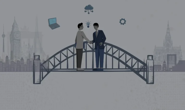 Two businesspeople shaking hands on a bridge connecting European cities. Icons of technology, such as cloud, gears, a laptop, and a lightbulb, float above, symbolizing collaboration.