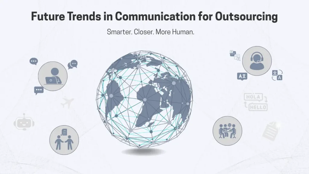 Global network illustration symbolizing future communication trends in nearshore outsourcing with AI and hybrid collaboration.