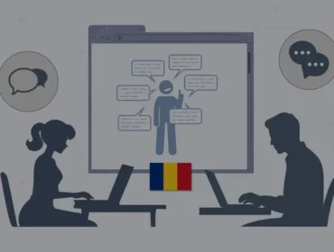 Illustration of two professionals communicating online with a Romanian flag symbolizing nearshore collaboration. Nearshore Romania