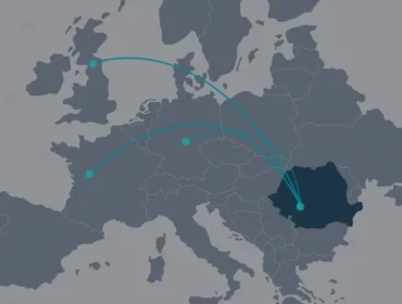 Map illustration depicting typical communication challenges in nearshore outsourcing, including time zones and tool overload.
