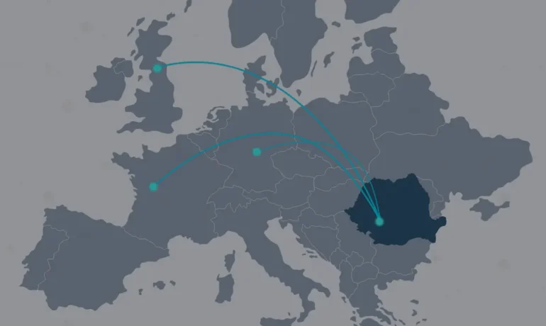 Map illustration depicting typical communication challenges in nearshore outsourcing, including time zones and tool overload.