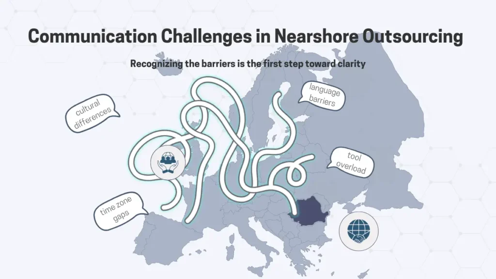 Map of Europe showing communication challenges in nearshore outsourcing, such as cultural differences and language barriers.